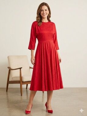 Silks by St Gillian Vintage 100%silk Scarlet RedTextured Midi Dressing